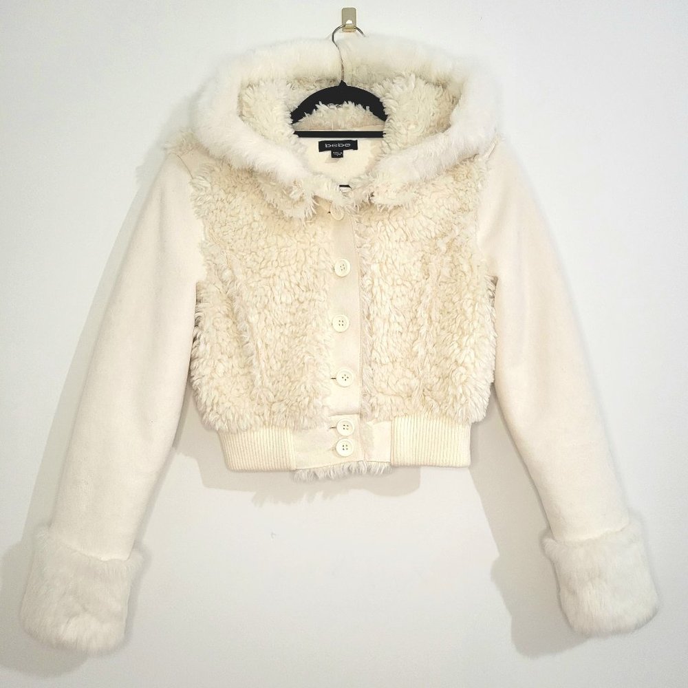 bebe Ivory Rabbit Fur Teddy Cropped Jacket, Size S